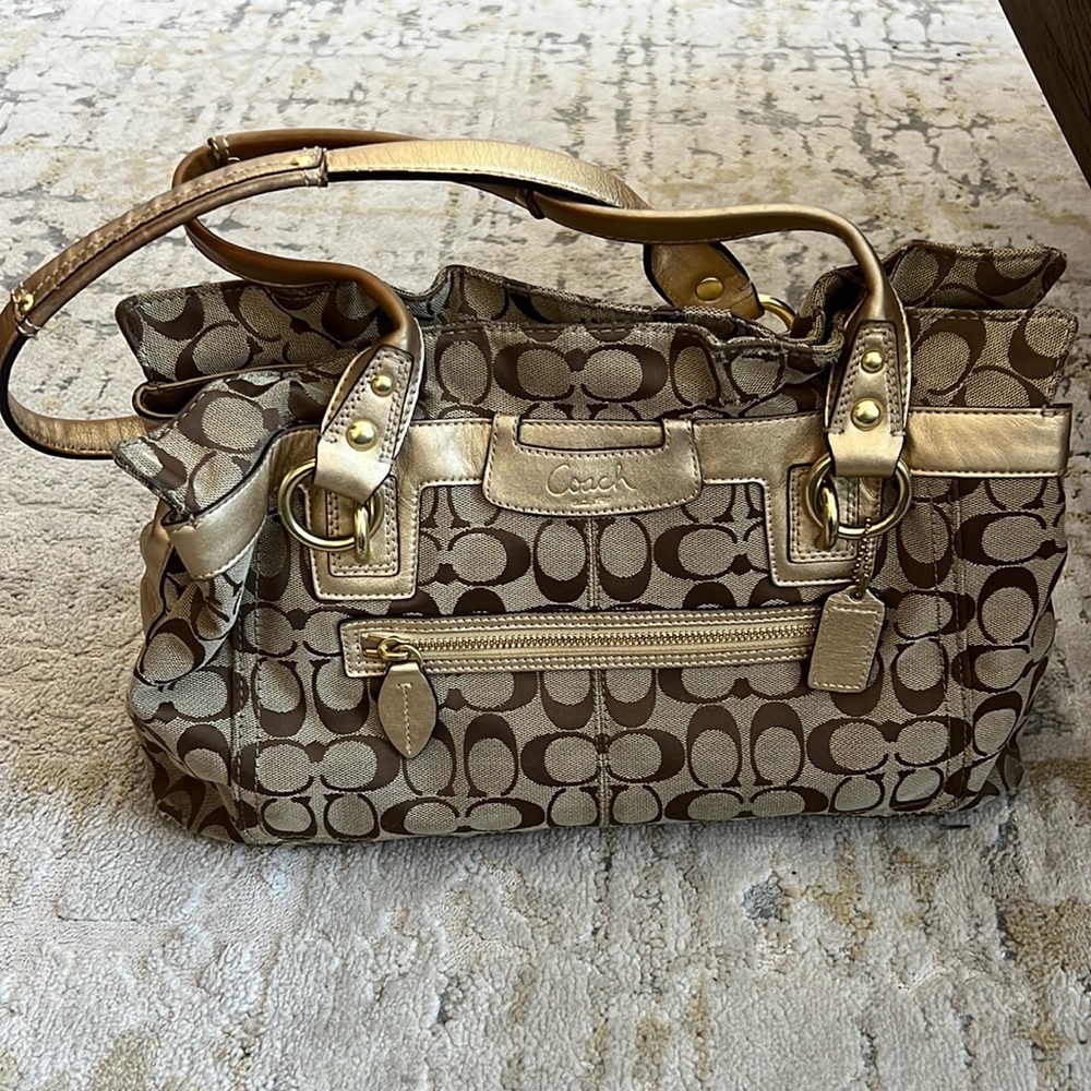 Coach Khaki Gold Metallic Penelope Signature Leather Duffle Hobo Handbag - 14692